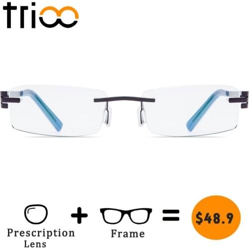TRIOO Rimless Frame Prescription Glasses Men Square Titanium Blue Reading Eyeglasses Male Diopter Optical Computer Spectacles