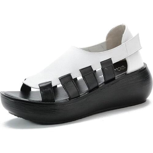 New womens shoes leather womens Roman sandals thick-soled increased student shoes flat-soled wild fish mouth shoes