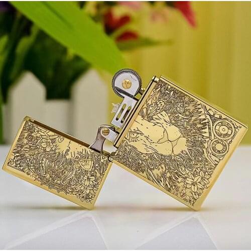 Original Pure Copper Kerosene Lighter Zorro Z-552 Brass Fine Carving Lion Pattern Steel Sound Lang Sheng Business Gift With Box
