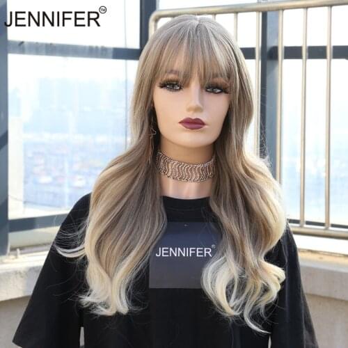 JENNIFER 24In Blonde Long Wave Synthetic Wigs With Bangs Fake Hair For Women Natural Wig Cosplay Hair Wigs Heat Resistant