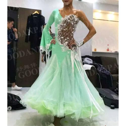 GOODANPAR women one arm sleeve Standard Ballroom Dance Competition Dresses with bodysuit bra cups Silk Lycra Tango Watlz Dress
