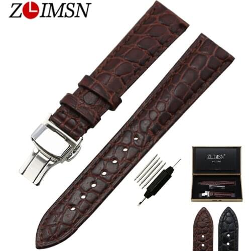 ZLIMSN Brown Alligator Grain Genuine Leather Watchband Replacement Butterfly Buckle Bracelet for Watch Sized in 18 20mm