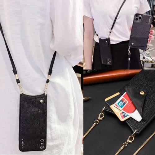 Luxury Credit Card Leather Wallet Phone Case for iPhone 11 Pro Max XR X Max 8 Plus 7 6 SE2 Crossbody Long Chain Strap Back Cover