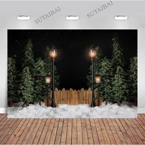 Christmas Background Photo Christmas Trees Street Light Snow Outdoor Scenic Photography Backdrops for Photo Studio