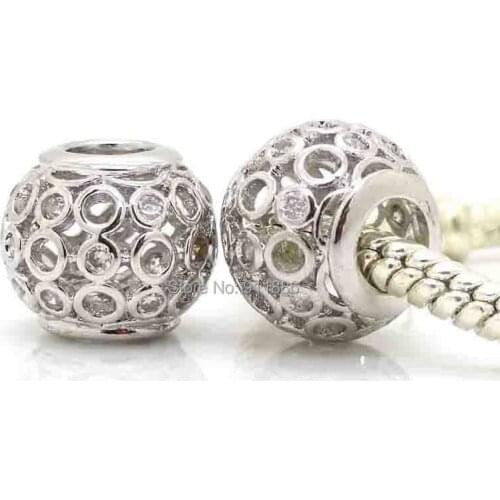 Silver Color hollow out bead micro Pave Zircon Beads Fit European Pandora Style Bracelet Necklace Snake Chain Diy