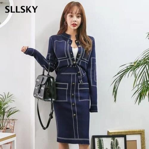 Sllsky Thin Bag Hip Suit OL Professional Dress Female Temperament Suit Knitted Round Neck Tops Sheath Split 2 Piece Set