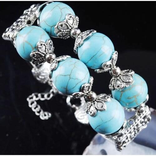 Tibetan Vintage Bracelets&Bangles Natural Blue Turquoises Natural Stone Round Bead Women Bangle Jewelry PZ066