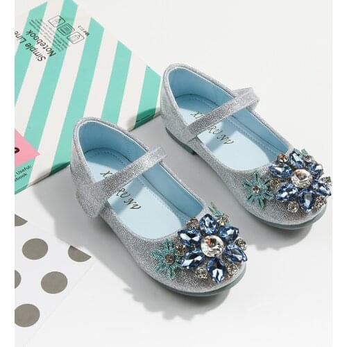 Kids Wedding Dress Shoes Children Princess Blue Leather Shoes For Girls Casual Shoes Flat Rhinestone design SJD059