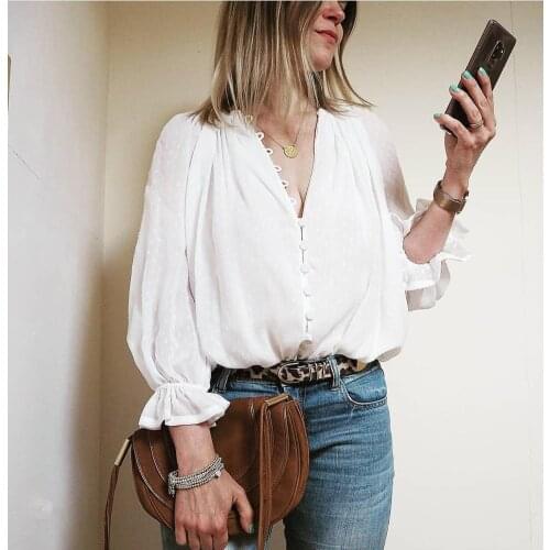 Korean Style Women Solid White Blouse 2021 Summer Shirts Oversized V-neck Lantern SleeveLace Casual Ladies Tops Camisa Feminina