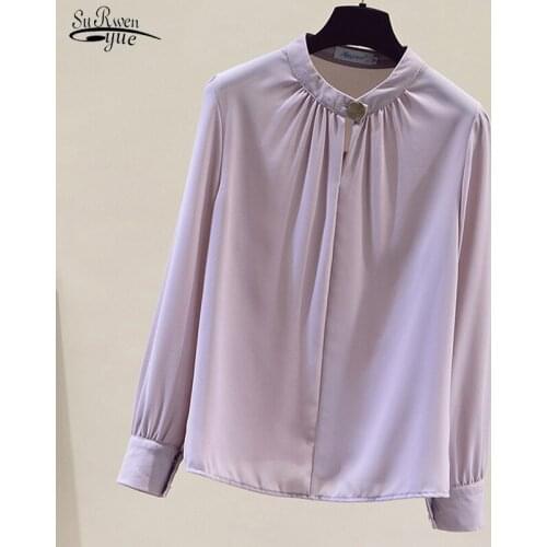 Autumn Pure Simple Stand-up Collar Feminine Blouse Pleated Long-sleeved Chiffon Shirt Top Loose Thin Elegant Woman Clothes 16621