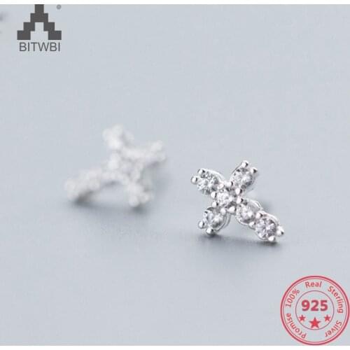 Factory Price 100% 925 Sterling Silver Fashion Minimalism Diamond Cross Stud Earring Fine Jewelry for Female