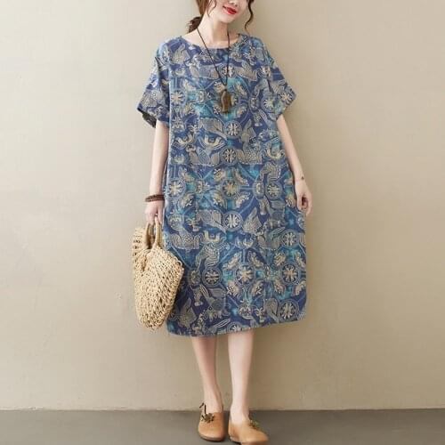 Oversized Women Summer Loose Casual Dress New Arrival 2021 Vintage Style O-neck Print Cotton Linen Female Long Dresses S4053