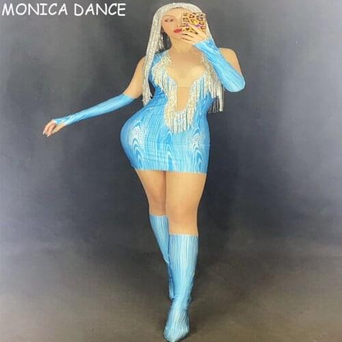 Women Nightclub Sexy Stage Silver Rhinestone Fringe Blue Dress Gloves Transparent Women Dance Outfit Birthday Celebrate Dress