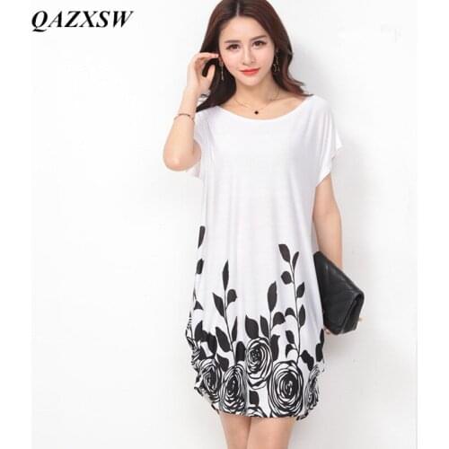 QAZXSW 2019 New Women Plus Size Summer Dress Women Printing Dress Casual O-Neck Nightwear Ladies Loose Mini Dress Vestidos YX125