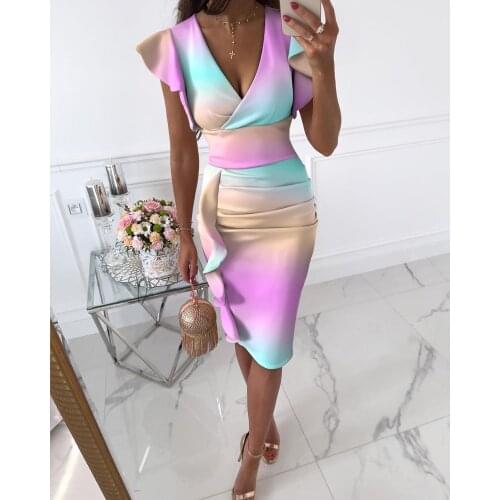 2021 Sexy Women Fashion Multicolor Print V-Neck Pleated Slit Dress Casual Short Sleeve Chic Party Bodycon Dresses Pre-Fall Wear