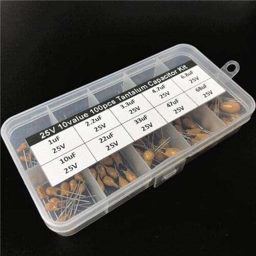 10values 100pcs 25V 1uF 2.2uF 3.3uF 4.7uF 6.8uF 10uF 22uF 33uF 47uF 68uF tantalum capacitor assorted kit with storage box