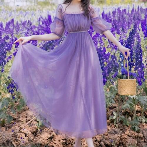 2020 Summer New Women Fashion Dress Embroidery Flower Puff Sleeve Princess Mesh Dress Romantic Chic Midi Dress Vestidos