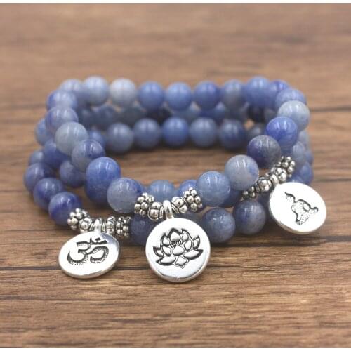 1pcs Natural Stone Charm Bracelet Blue Aventurine With Lotus, OM, Buddha Mala Bracelet Dropshipping Yogi Jewelry