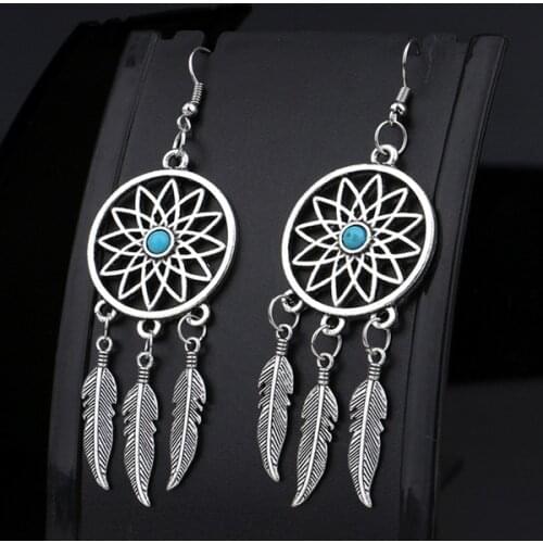 Womens Gothic Dream Catcher Earrings, New Boho Dream Catcher Net Feather Earrings