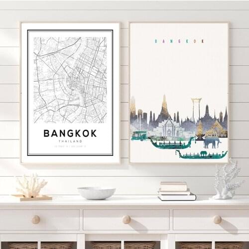 Thailand City Map Poster Bangkok Skyline Travel Modern Wall Art Prints Home Decoration Picture Canvas Painting Housewarming Gift
