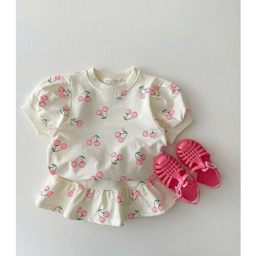 Koodykids Summer Baby Grils Green Cherry Printed Clothes Set 2PCS Toddlers Girls Shirt Shorts Purple Beige Clothing Sets 9M-3T