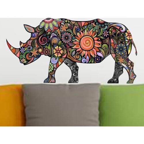 Colorful Rhinoceros Wall Art Decal Decoration Pattern Animals Wall Stickers Decals Living Room Bedroom TV Sofa Decor Mural