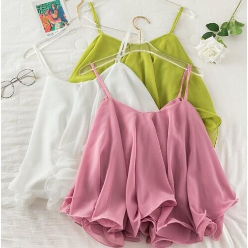 Summer Women Halter Strap Sleeveless Pleated Chiffon Basic Ruffles Shirt Lady Sexy Short Elastic Slim Pullover Chic Blouse Tops