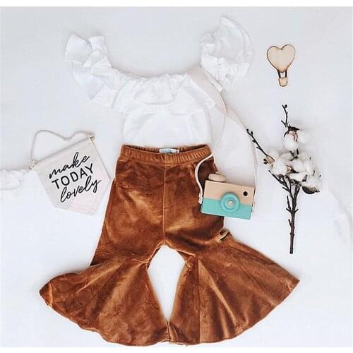 Fashion Baby Girl Clothes Set Girls Off Shoulder Solid Color Top Velvet Flared Pants Toddler Outfits Summer Kid Clothes