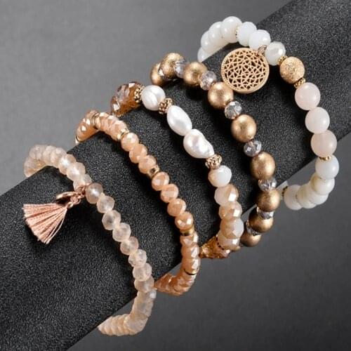 Fashion Crystal Beaded Elastic Bracelet Set Women Girls Popular Faceted Glass Pearl Beads Tassel Bracelet Handmade Jewelry Gift