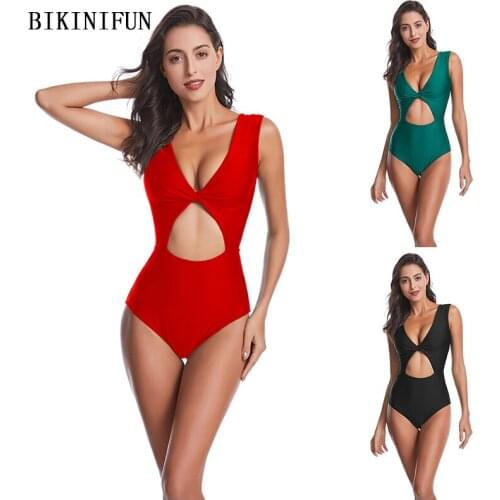 2020 New Sexy Front Cutout Swimsuit Women Solid Color One Piece Suit High Back Cut Swimwear S-2XL Girl Twist Beachwear Monokini