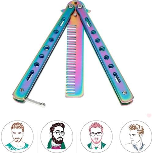 Butterfly Knife Comb Foldable Comb Stainless Steel Practice Training Beard & Moustache Brushes Hairdressing Styling Tool