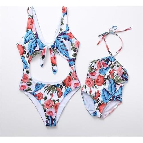 Family Matching Bathing Suit V-neck Bow Summer Beachwear One-Piece Mom & Daughter Pool Clothes Green Palm Print Bandage Jumpsuit
