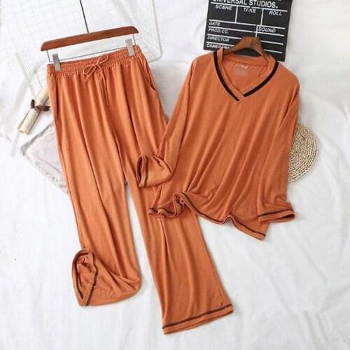 Autumn winter pijamas women new modal cotton sleep tops + trousers two piece set loose womens home clothes v-neck pajamas suit