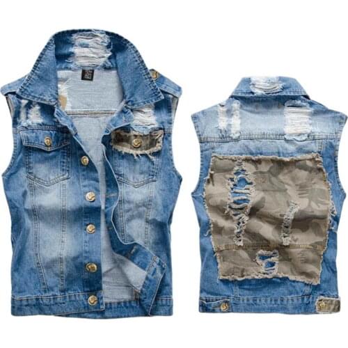 2021 Ripped Denim Jacket Mens Denim Vest Hip Hop Jean Coats Waistcoat Men Cowboy Brand Sleeveless Jacket Chaleco vaquero