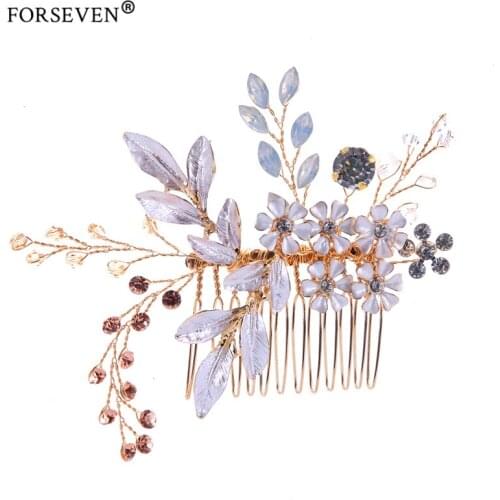Vintage Gold Wedding Hair Comb For Bride Handmade Flower Hair Accessories Rhinestone Head Pieces Hair Pins Ornaments