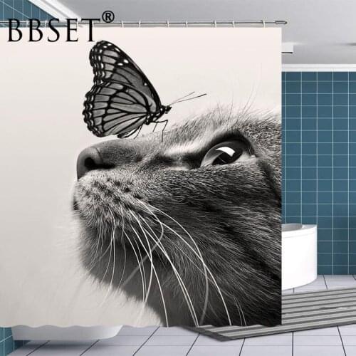 Funny Animals Shower Curtain Cats and Butterflies Pattern Waterproof Multi-size Douchegordijn Bathroom Decor with 12 Hooks