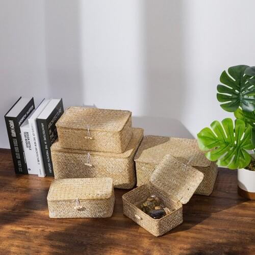 Handmade Storage Box with Lid Seagrass Storage Organizer Clothes Towels Food Cosmetics Toys Sundries Container Home Decor