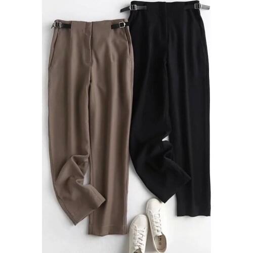 Dave&Di England Style Office Lady Fashion Side of Buckle Straight Pants Women Pantalones Mujer Pantalon Femme Trousers Women