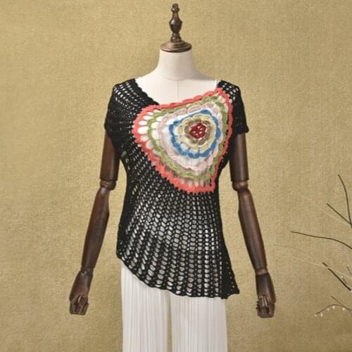 Women knitted Sweater Hollow Hook Flower Crochet Shirt Blouse Vintage Handmade Hook Summer Beach Blouse shirts blusas