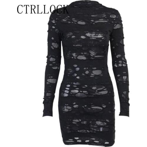 CTRLLOCK Gothic Y2K Frayed Holes Women Dress O Neck High Waist Sexy Long Sleeve Dresses Female 2021