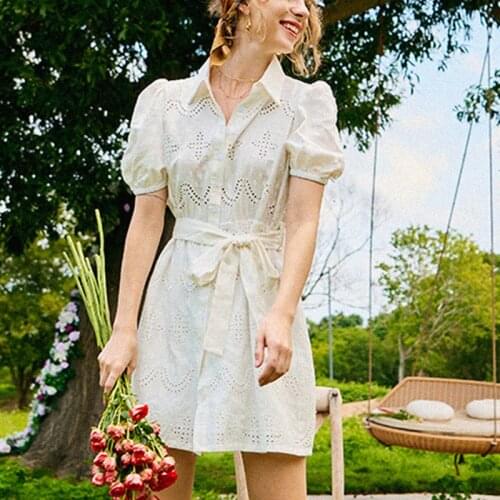 Short Embroidered Dress Hollow Out Buttons High Waist Classic Collar Short Puffy Sleeves Elegant Robe Mini Retro Femme Chic