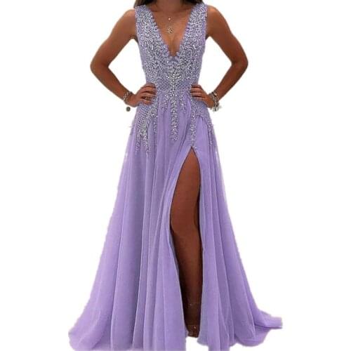 Sexy V-Neck Sleeveless Applique Evening Dresses Party Prom Formal Gowns Abendkleider Long Dresses Vestidos Robe De Soiree