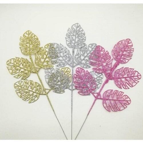 20pcs 35cm Glitter Powder Monstera Leaf Branch Flower Arrangement For Wedding Christmas Party Tree Venun Hanging Decoration