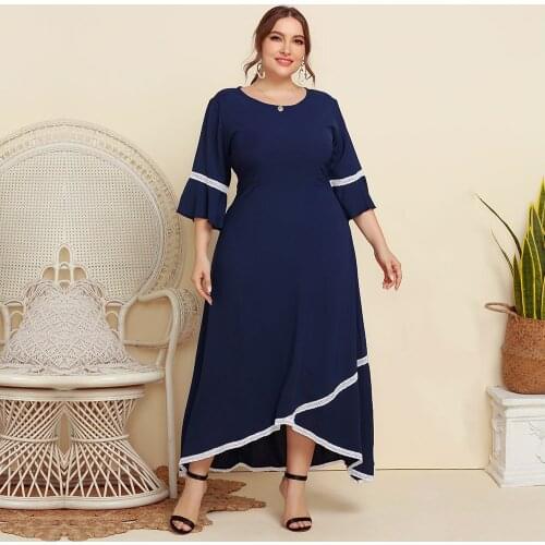 2021 Spring Women Three Quarter Sleeve Casual Dress Solid Lace Patchwork Irregular Maxi Long Dress Plus Size Women Clothing