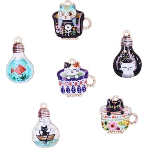 30pcs/lot Coffee cup cat Pendant Pet Tag car Keyring Jewelry bag charm gifts Women lucky Gifts golden Printing alloy Accessories