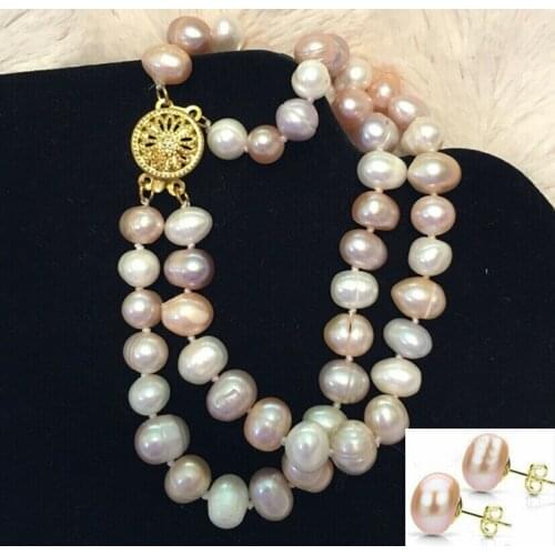 6" 7.5" 8" 2 Rows 7-8mm Natural Multicolor Pearl Bangle Bracelet + Earrings Set