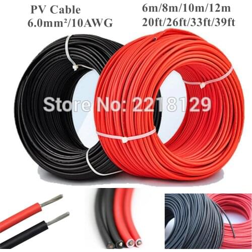 6m/8m/10m/12m 20ft/26ft/33ft/39ft 6.0mm/10AWG Black+Red Solar Connector Cable wire for solar panel module TUV Approval Power PV
