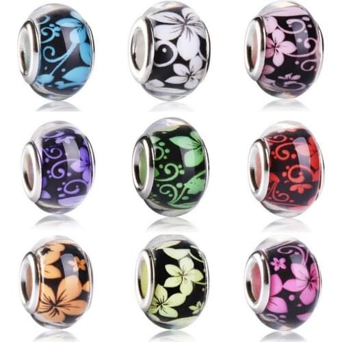 Free Shipping 1PC Silver Core beautiful Lily Flower Resin Round Beads For Women Pandora Charm Bracelets DIY Jewelry Making