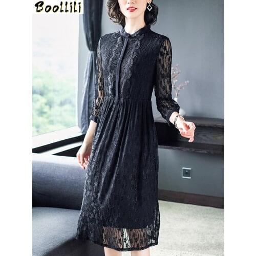 Boollili 100% Real Silk Summer Dress Women Clothes Vintage Elegant Midi Dress 2020 Ladies Dresses Black Lace Women Dress Vestido