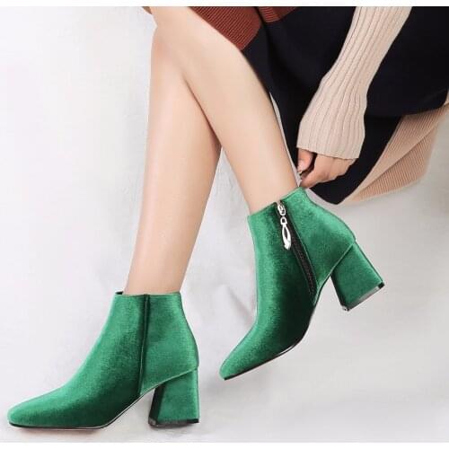 Brand Velvet Womens Ankle Boots New 2020 Winter Fashion Women Boots Square Toe Thick Med Heel Short Shoes Woman Black Red Green